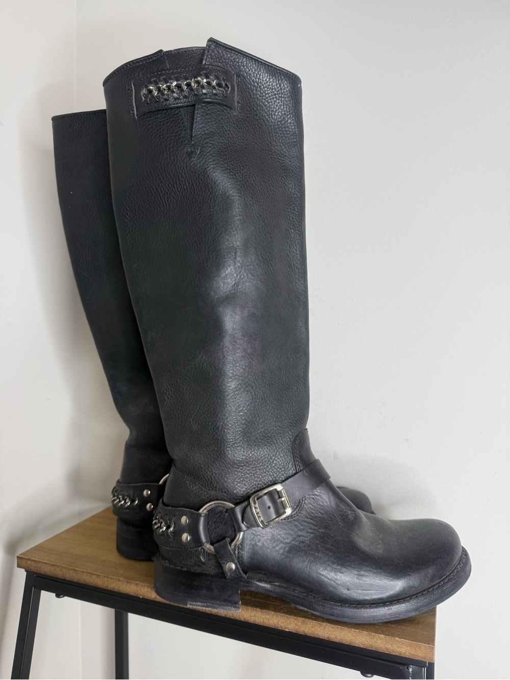 Frye Jenna Chain Tall black leather motorcycle boots